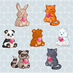 Fototapeta premium Cute Baby Animals holding Hearts - valentine day illustration in