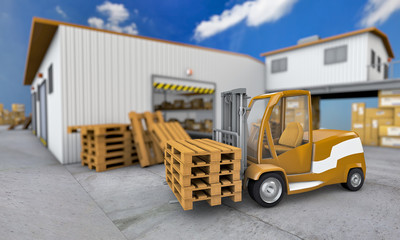 3d illustration of loader with pallet on warehouse background