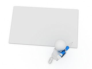 little 3d character write a card with big pen isolated on white