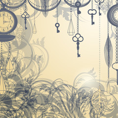 Vintage background with antique clocks and keys