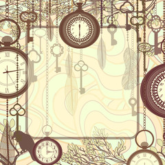 Vintage background with tree branches and antique clocks