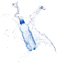 Gordijnen Water splashing out of bottle, isolated on white background © Jag_cz