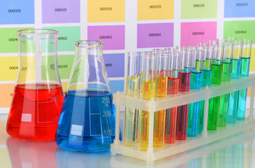 Test-tubes and flasks with color liquid