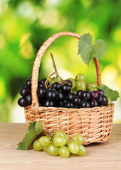 Ripe grapes in  basket on green background