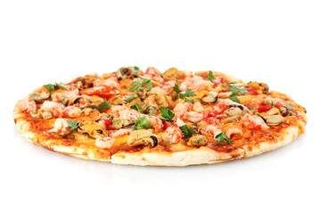 Delicious pizza with seafood  isolated on white