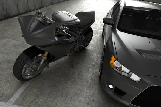 Auto and moto concept in a garage