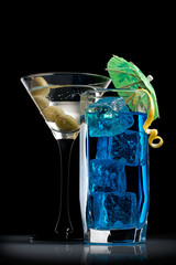 Blue curacao and martini cocktails