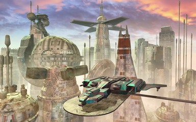 spaceship and futuristic city