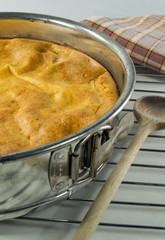 Homemade cheese cake in a springform on a cooling rack