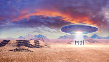 Obraz na płótnie Canvas ufo i kosmici na pustyni