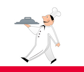 Cartoon chef holding covered tray of food