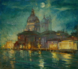 night venice, painting by an oil paint on a cardboard,  illustra