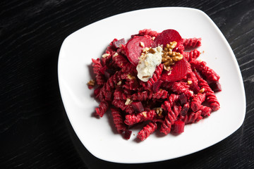 Pasta with Red Beets, Gorgonzola Cheese and Walnuts