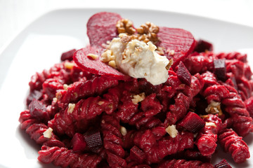 Pasta with Red Beets, Gorgonzola Cheese and Walnuts