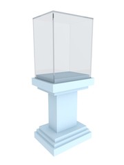 Empty glass showcase on blue podium