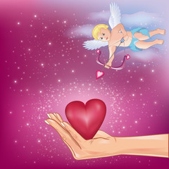 Hand holding a heart and little cupid