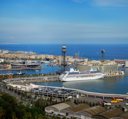 Barcelona and port Port Vell from natural park Montjuic, Spain