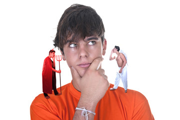 young man with a devil and his angel talking to him