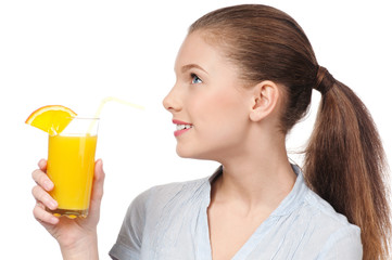 Young woman with glass of orange juice isolated
