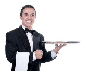 Young person in a suit holding an empty tray