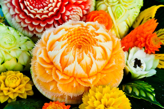 Fruit carving, Cantaloupe carving details.