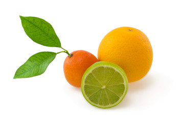 Orange, lime and mandarin isolated on white