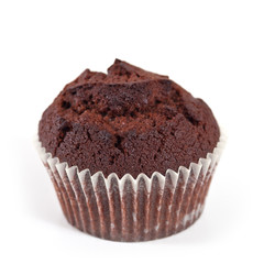 Chocolate muffin isolated on white background.
