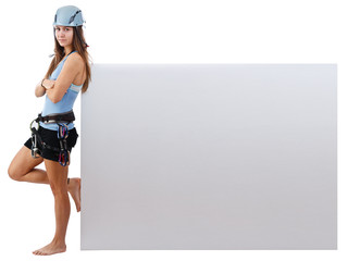 climbing woman holding a banner