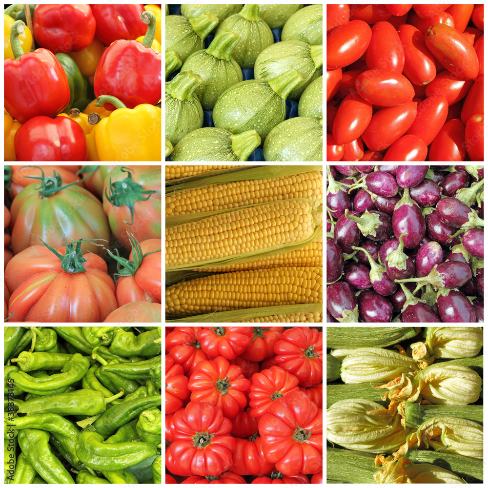 Wall mural collage with whole different vegetables on farmer market