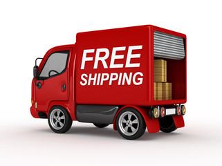 3D Red Van with Free Shipping text isolated