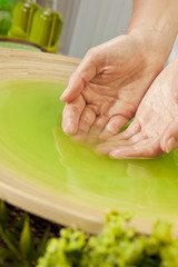 Woman's Hands in Green Liquid at Health Spa