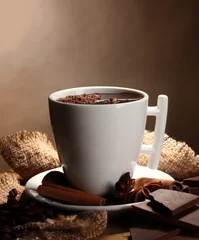 Poster cup of hot chocolate, cinnamon sticks, nuts and chocolate © Africa Studio