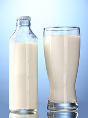 bottle and glass of milk on blue background