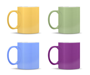 mugs of different colors: yellow, green, blue, purple