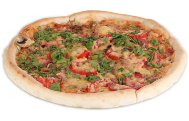 delicious pizza with sausage and vegetables isolated on white