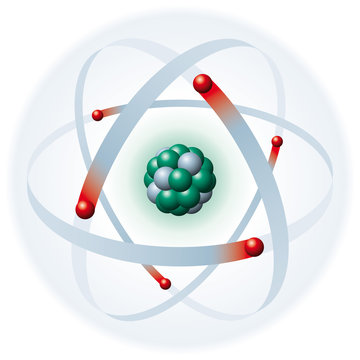 Atom with blue electron shell, red electrons, green protons and gray neutrons. Electrons producing atomic shell, neutrons and protons producing atomic nucleus. Illustration on white background. Vector