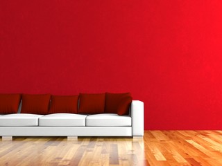 Wohndesign - weisses Sofa mit roten Kissen