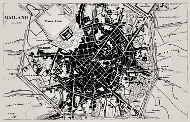 Historical map of Milan, Italy.