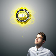 businessman watching virtual business sign, copyspace
