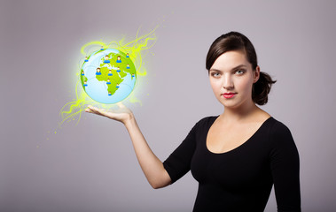 woman holding virtual eco sign