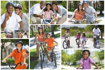 Montage of Young Healthy African American Family Cycling
