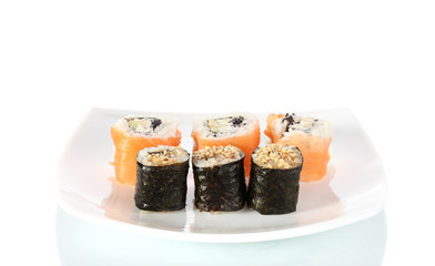 Tasty rolls served on white plate isolated on white