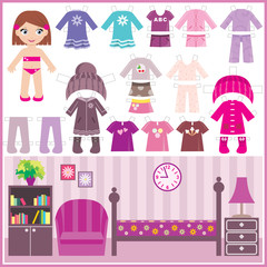 Paper doll with a set of clothes and a room. vector