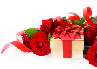 art Valentine Day golden gift box and red roses on a white backg