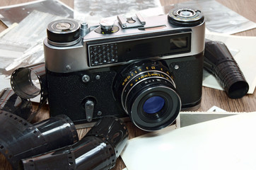 old retro photo camera and film