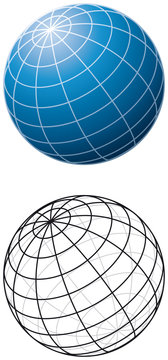 Blue sphere with meridians. Three-dimensional blue sphere with grid-lines and outline version. Illustration on white background. Vector.