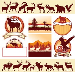 Mountains wildlife vector labels and silhouettes