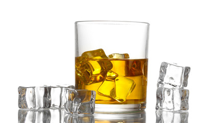 glass of whiskey and ice isolated on white