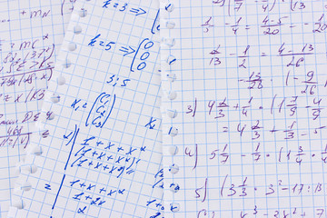 Math, physics and geometry on copybook page closeup