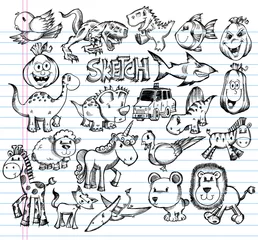 Garden poster Cartoon draw Notebook Doodle Sketch Animal Design Vector Elements Set